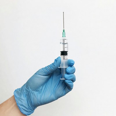 Hand in blue glove holding syringe