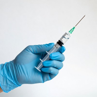 Hand holding syringe in blue glove