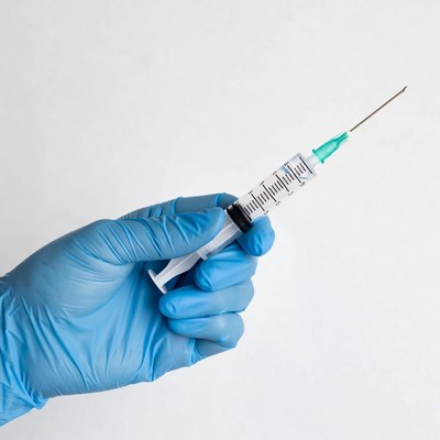 Hand in blue glove holding syringe