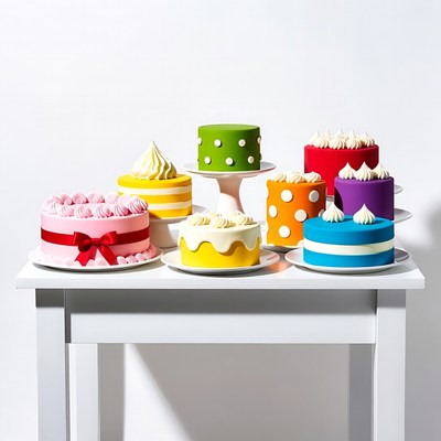 Colorful cakes on white table