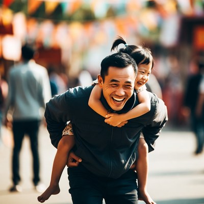 Asian father piggybacking smiling daughter