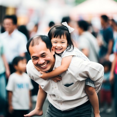 Asian father piggybacking smiling daughter