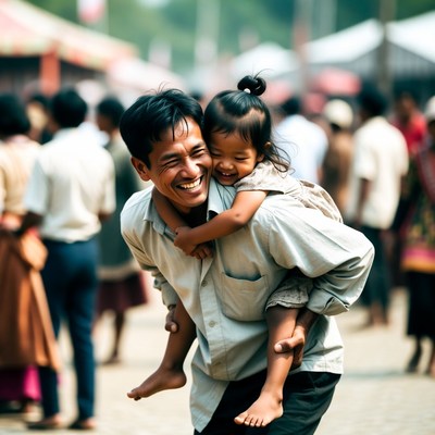Asian father carrying smiling daughter