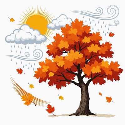 Autumn Tree with Sun Rain Clouds