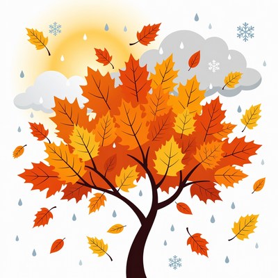 Autumn Tree with Rain and Snow