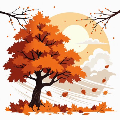Autumn Tree with Moon and Falling Leaves