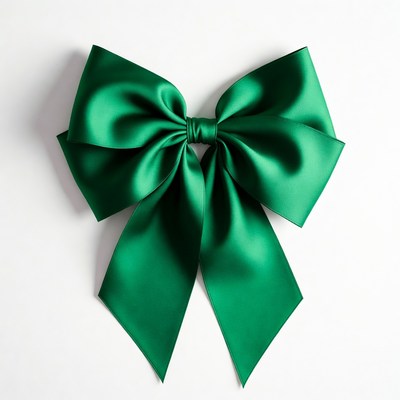 Green satin bow on white background