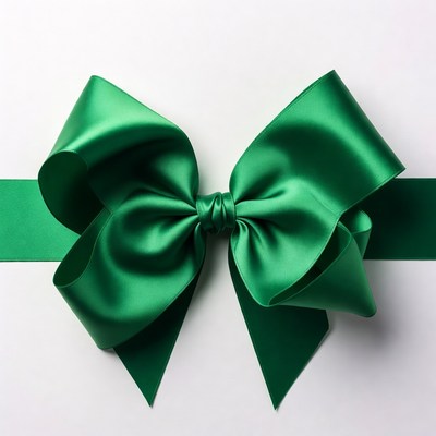 Green satin bow on white background