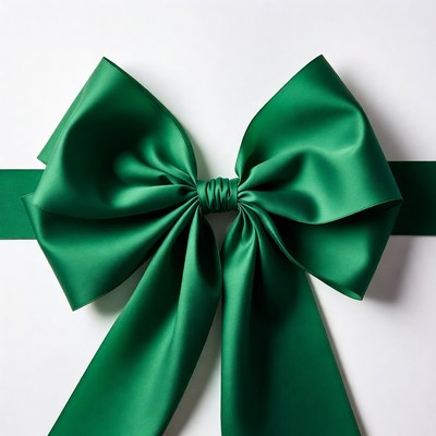 Green Satin Bow on White Background