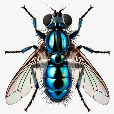Blue Metallic Fly on White Background