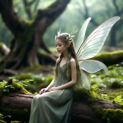 Young girl fairy sitting on mossy log