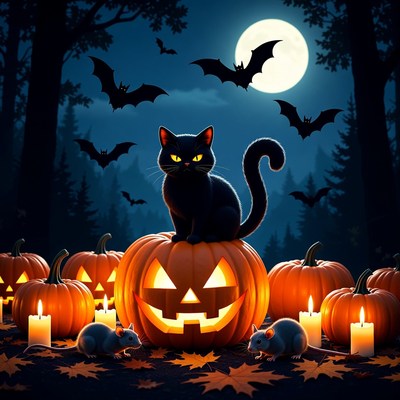 Black Cat on Halloween Pumpkin