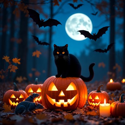 Black Cat on Jack-o-Lantern in Halloween Forest