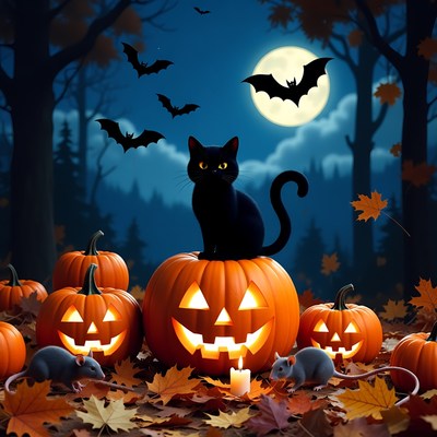 Black Cat on Pumpkin Halloween Forest