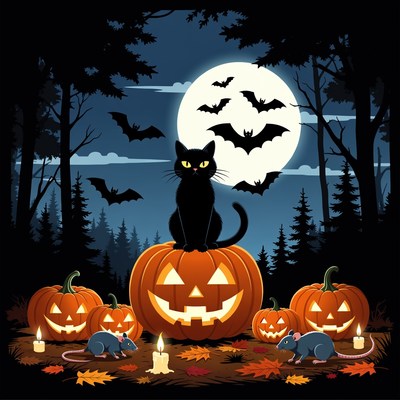 Black Cat on Halloween Pumpkin