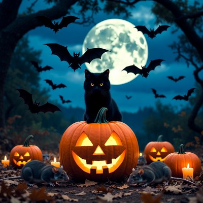 Black Cat on Jack-o-Lantern with Bats