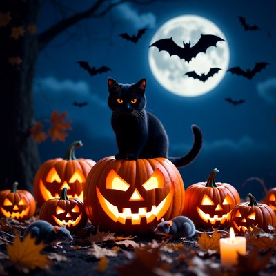 Black Cat on Halloween Pumpkins