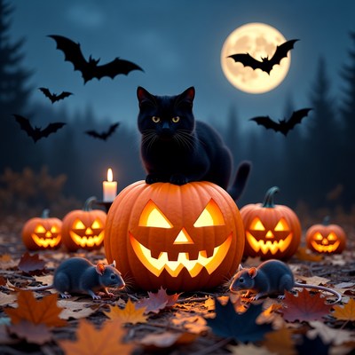 Black Cat on Halloween Pumpkin