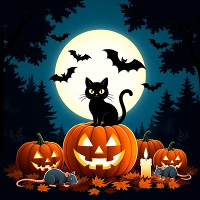 Black Cat on Halloween Pumpkins