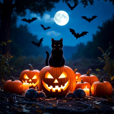 Black Cat on Halloween Pumpkins