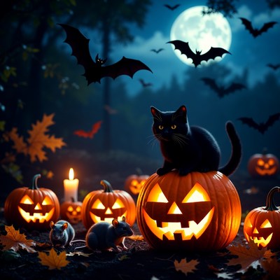 Black Cat on Halloween Pumpkins