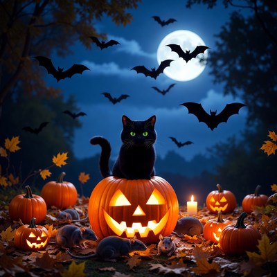 Black Cat on Halloween Pumpkin