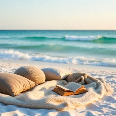 Open book on beach blanket