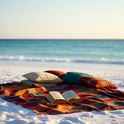 Open book on beach picnic blanket