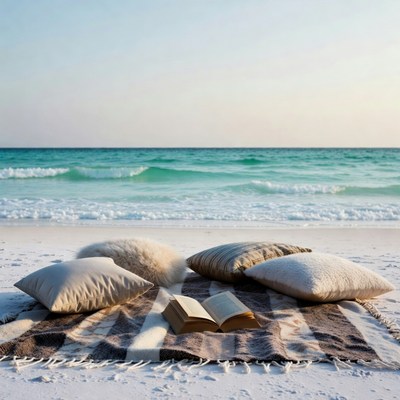 Open book on beach blanket