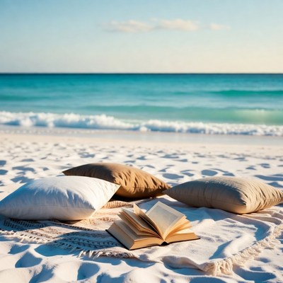 Open book on beach blanket