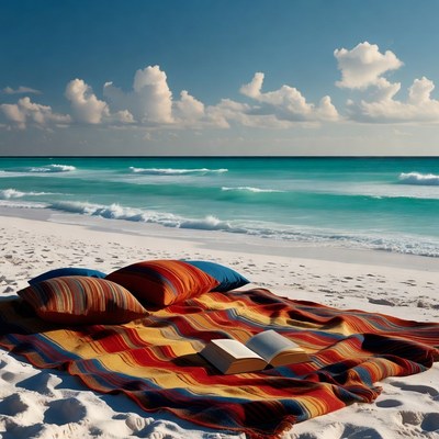 Open book on beach picnic blanket