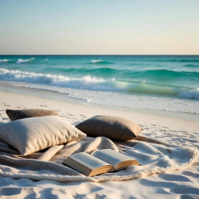 Open book on beach blanket