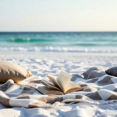 Open book on beach blanket