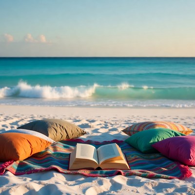 Open book on beach blanket