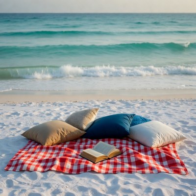 Open book on picnic blanket beach