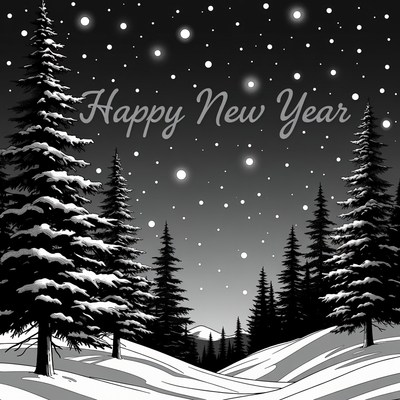 Happy New Year Snowy Pine Forest