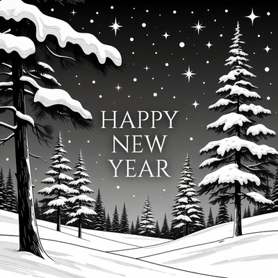 Happy New Year Snowy Pine Forest Illustration