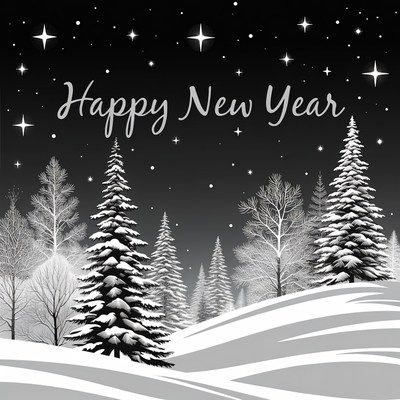 Happy New Year Snowy Pine Forest