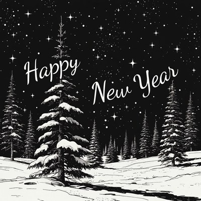 Happy New Year Snowy Pine Forest Illustration