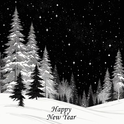 Happy New Year Snowy Pine Trees Illustration