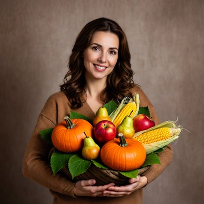Woman holding autumn harvest basket