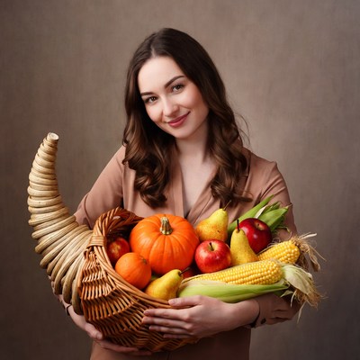 Woman holding Thanksgiving cornucopia