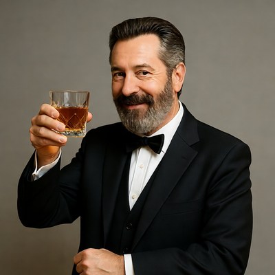 Man in tuxedo holding whiskey glass
