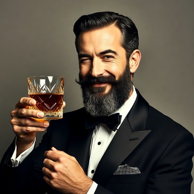 Man holding whiskey glass in tuxedo