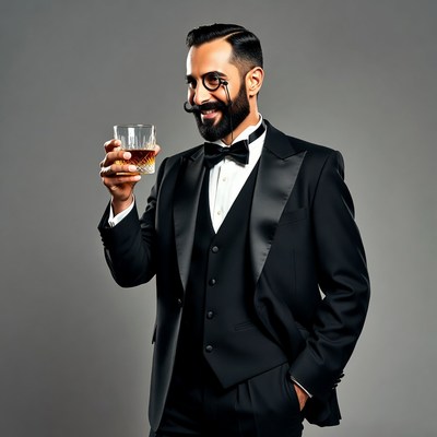Man in tuxedo holding whiskey glass