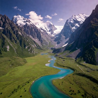 Turquoise River in Snowy Mountain Valley
