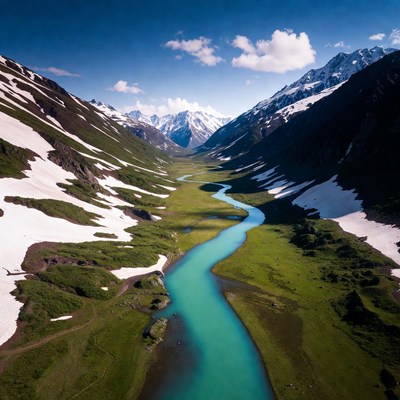 Turquoise River in Snowy Mountain Valley