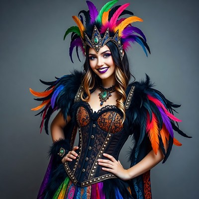 Woman in colorful feathered carnival costume