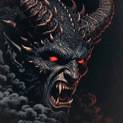 Roaring Demon with Horns and Fangs
