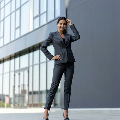 Business woman posing by glass building
